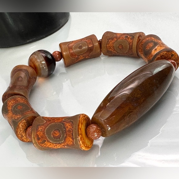 OCEAN JASPER + 3 EYE TIBETAN AGATE NATURAL STONES BRACELET size 7” - Picture 7 of 14